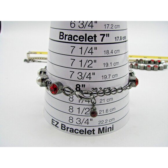 Blackened Silver Necklace and Bracelet Set Faux Pearls Red Rhinestones Jewelry - Picture 10 of 10